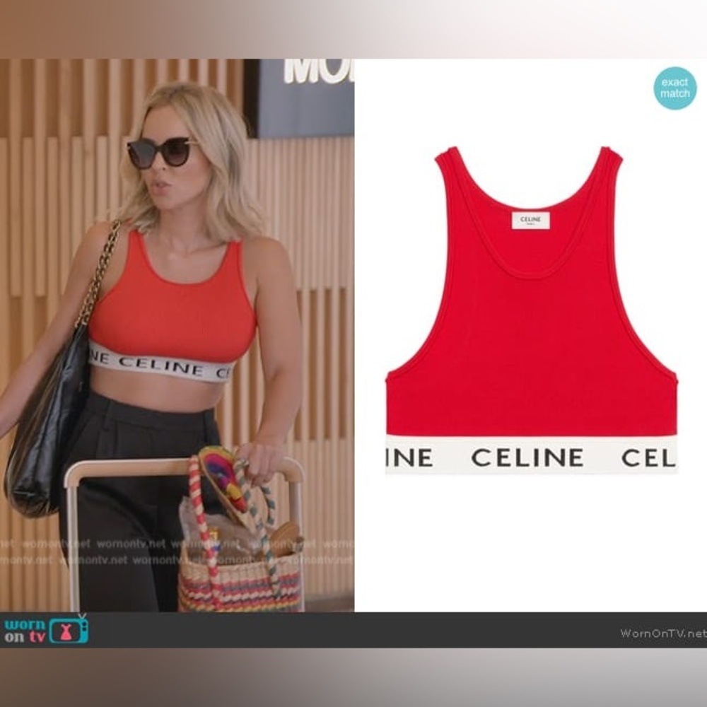 Celine Red Graphic Print Scoop Neck Crop Top Size S Logo Top